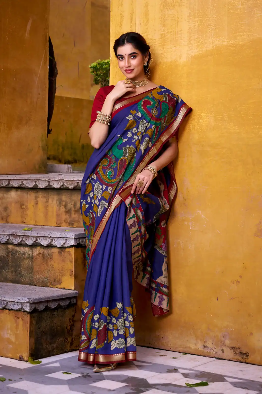 YNF 7048 Blue Color Polyester Chanderi Kalamkari Weaving Work Saree Casual, Wedding, Festive, Events . Expected Delivery  4-6 Working Days @1499/- only                                | Designer Sarees, Embroidered Sarees, Sarees, Bollywood Sarees, Creative Sarees, Ethnic Saree, Modern Digital sarees, Party Wear Sarees