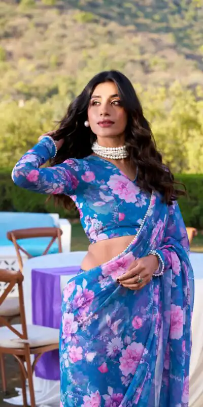 YNF 7010 Blue Color Weightless Marbal Floral Printed Pearl Lace Saree Casual, Wedding, Festive, Events . Expected Delivery  4-6 Working Days @1599/- only                                                                                | Designer Sarees, Embroidered Sarees, Sarees, Bollywood Sarees, Creative Sarees, Ethnic Saree, Modern Digital sarees, Party Wear Sarees