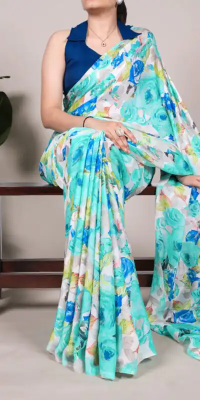 YNF 7017 Firozi Color Dull Satin Floral Printed Saree Casual, Wedding, Festive, Events . Expected Delivery  4-6 Working Days @1499/- only                                                                                | Designer Sarees, Embroidered Sarees, Sarees, Bollywood Sarees, Creative Sarees, Ethnic Saree, Modern Digital sarees, Party Wear Sarees