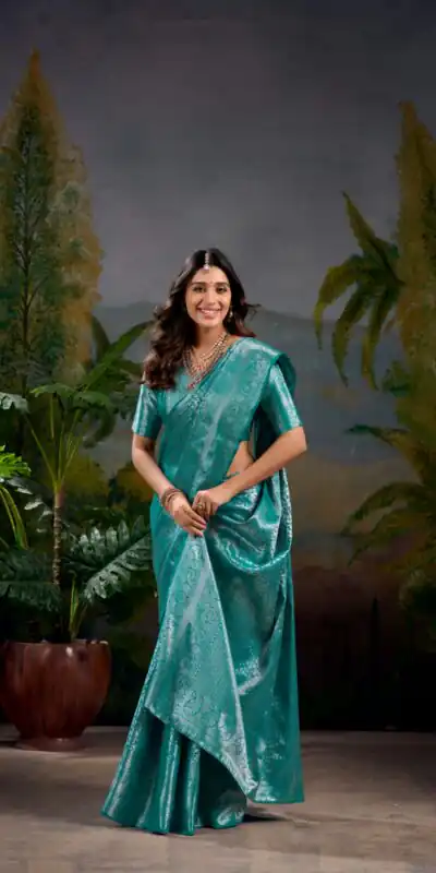 YNF 7404 Firozi Color Kanjivaram Zari Weaving Work Saree Casual, Wedding, Festive, Events . Expected Delivery  4-6 Working Days @1599/- only                                | Designer Sarees, Embroidered Sarees, Sarees, Bollywood Sarees, Creative Sarees, Ethnic Saree, Modern Digital sarees, Party Wear Sarees