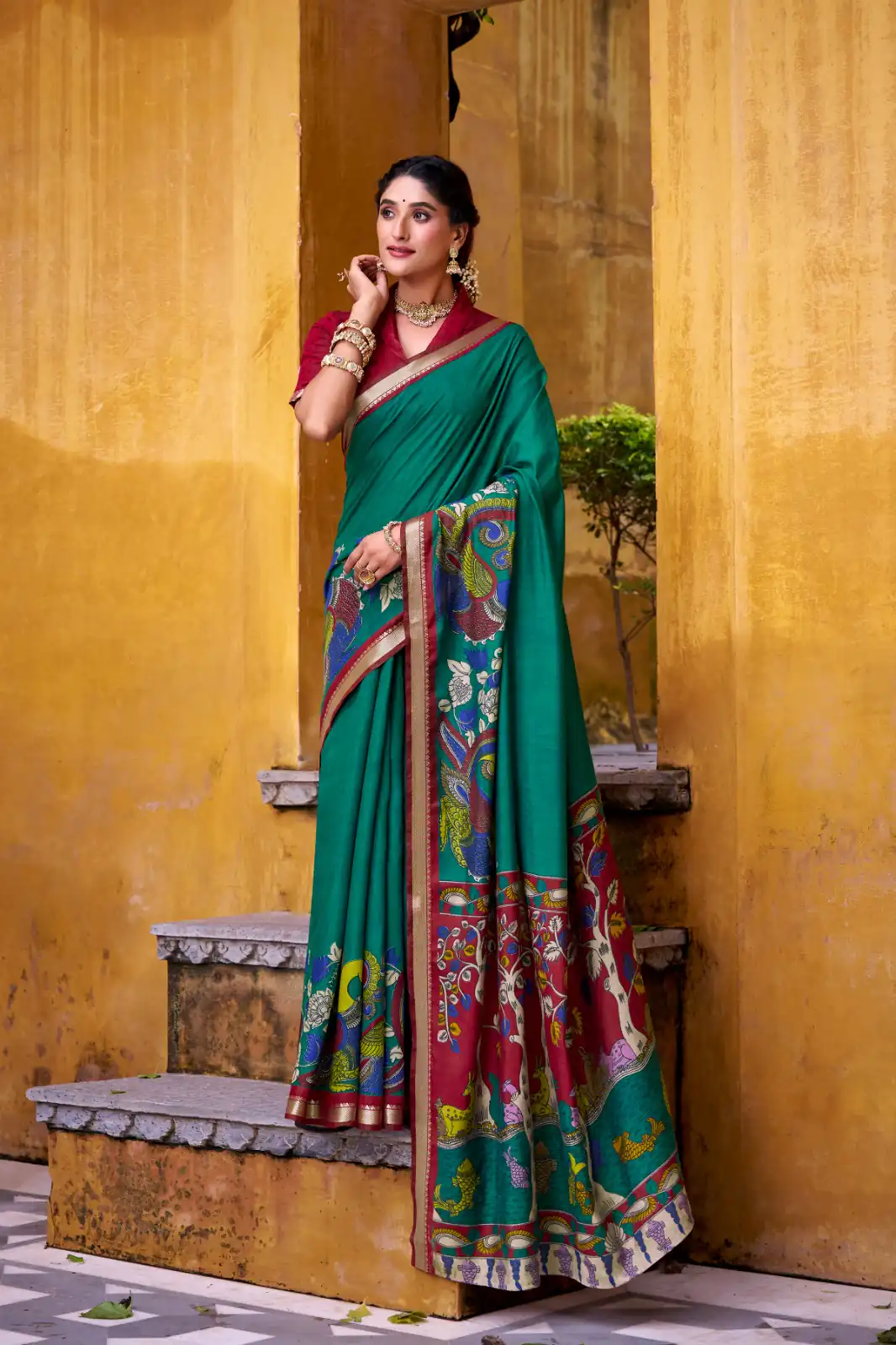 YNF 7048 Firozi Color Polyester Chanderi Kalamkari Weaving Work Saree Casual, Wedding, Festive, Events . Expected Delivery  4-6 Working Days @1499/- only                                | Designer Sarees, Embroidered Sarees, Sarees, Bollywood Sarees, Creative Sarees, Ethnic Saree, Modern Digital sarees, Party Wear Sarees