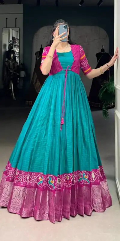 YNF 5028 Firozi Color Tasar Chex Patola With Weaving Work Border Gown Casual, Wedding, Festive, Events . Expected Delivery  4-6 Working Days @1799/- only      | Gowns, Bollywood Gowns, Creative Gowns, Designer Gowns, Embroidered Gowns, Party Wear Gowns