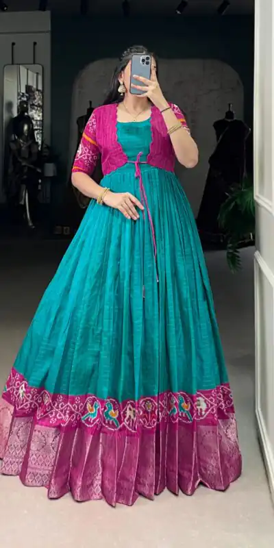 YNF 5028 Firozi Color Tasar Chex Patola With Weaving Work Border Gown Casual, Wedding, Festive, Events . Expected Delivery  4-6 Working Days @1799/- only      | Gowns, Bollywood Gowns, Creative Gowns, Designer Gowns, Embroidered Gowns, Party Wear Gowns