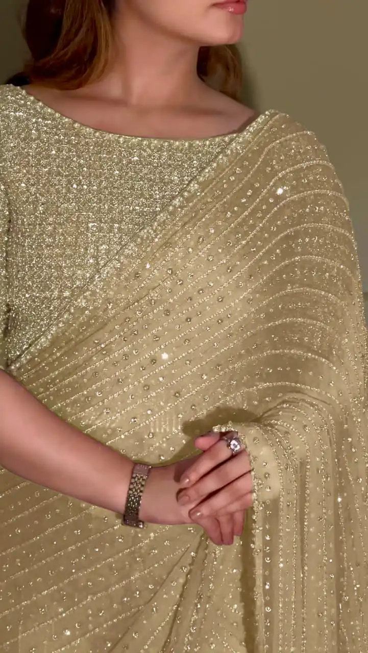 YNF 3452 Gold -DF 3452 Color Georgette Sequins Multy Embroidery Work Saree Casual, Wedding, Festive, Events . Expected Delivery  4-6 Working Days @1799/-                                                                                 | Designer Sarees, Embroidered Sarees, Sarees, Bollywood Sarees, Creative Sarees, Ethnic Saree, Modern Digital sarees, Party Wear Sarees