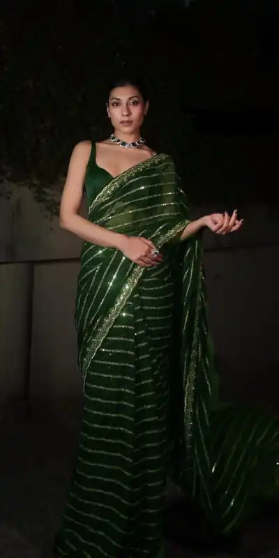 DF 3393 Green Color Georgette 5MM Sequins Embroidery Work Saree Casual, Wedding, Festive, Events . Expected Delivery  4-6 Working Days @1799/- only                                                 | Designer Sarees, Embroidered Sarees, Sarees, Bollywood Sarees, Creative Sarees, Ethnic Saree, Modern Digital sarees, Party Wear Sarees