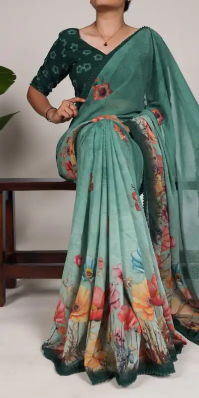 YNF 7009 Green Color Georgette Floral Print With Lace Border Saree Casual, Wedding, Festive, Events . Expected Delivery  4-6 Working Days @1299/- only                                                                                | Designer Sarees, Embroidered Sarees, Sarees, Bollywood Sarees, Creative Sarees, Ethnic Saree, Modern Digital sarees, Party Wear Sarees