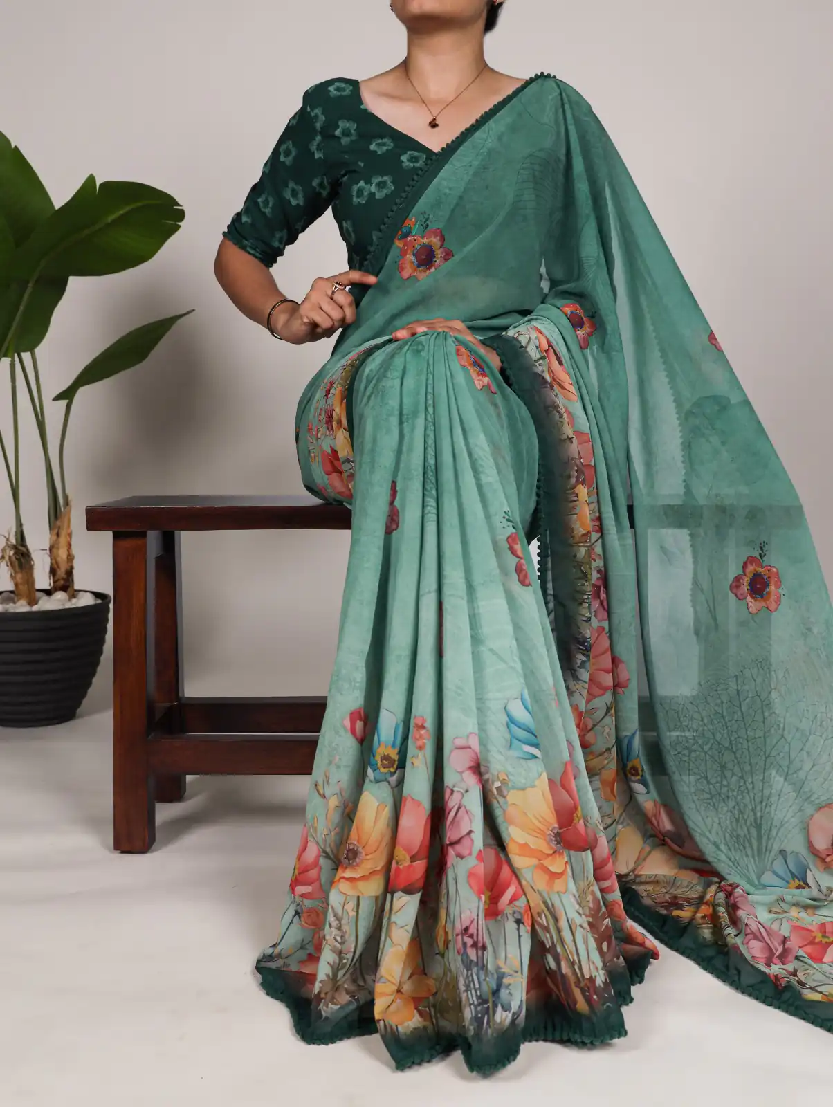 YNF 7009 Green Color Georgette Floral Print With Lace Border Saree Casual, Wedding, Festive, Events . Expected Delivery  4-6 Working Days @1299/- only                                                                                | Designer Sarees, Embroidered Sarees, Sarees, Bollywood Sarees, Creative Sarees, Ethnic Saree, Modern Digital sarees, Party Wear Sarees