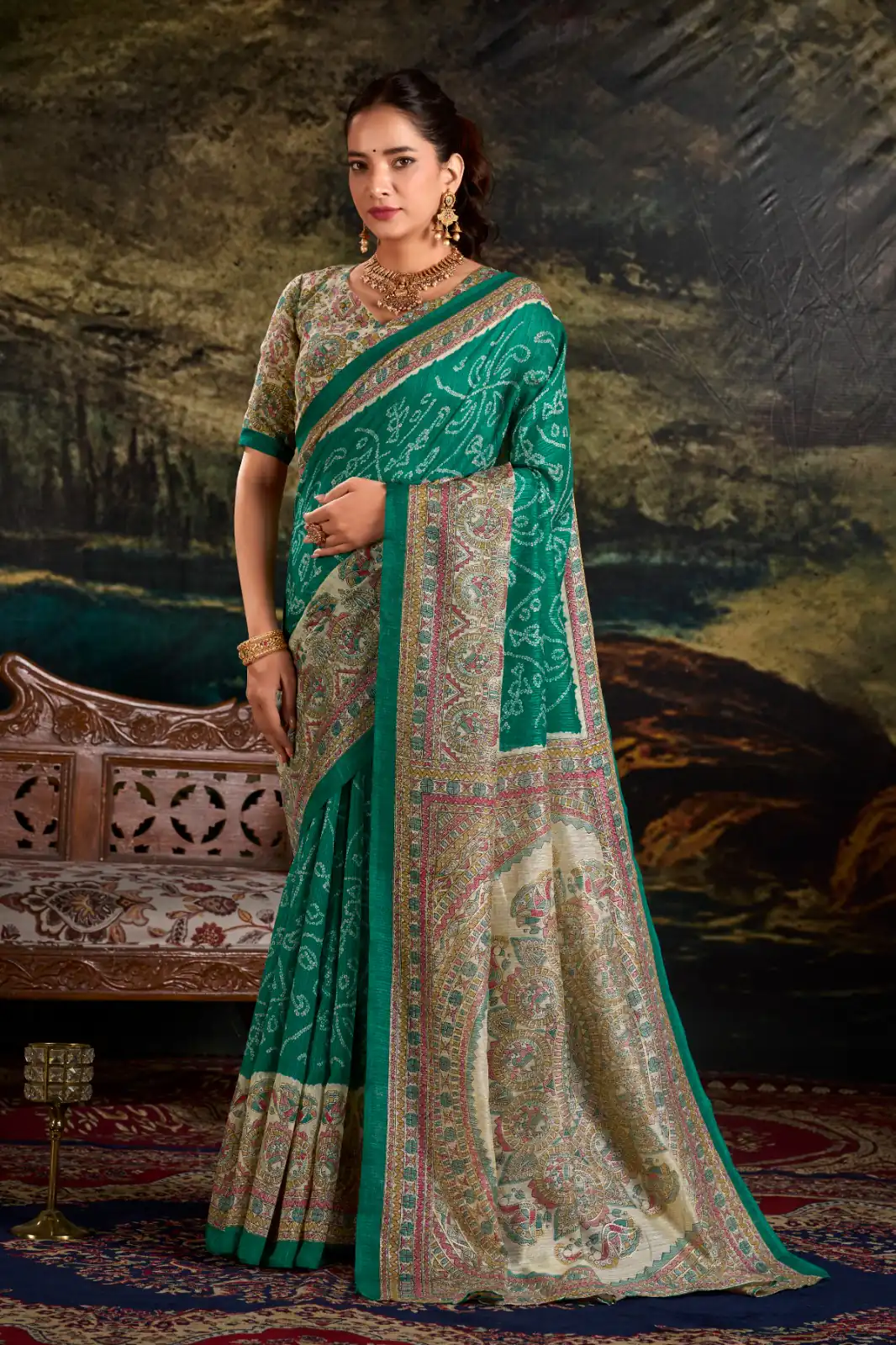 YNF 7209 Green Color Green Silk Fusion Print Madhubani Bandhej Saree Casual, Wedding, Festive, Events . Expected Delivery  4-6 Working Days @1499/- only                                                                                | Sarees, Bollywood Sarees, Creative Sarees, Designer Sarees, Embroidered Sarees, Ethnic Saree, Modern Digital sarees, Party Wear Sarees