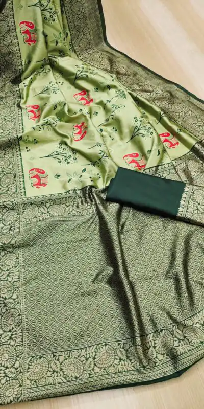 KP 6004 Green Soft Lichi Silk Jacquard Work With Designer Work Saree. Grab it for ₹1499. Delivery 4-6 Working Days. Shop now. | Designer Sarees, Embroidered Sarees, Sarees, Bollywood Sarees, Creative Sarees, Ethnic Saree, Modern Digital sarees, Party Wear Sarees