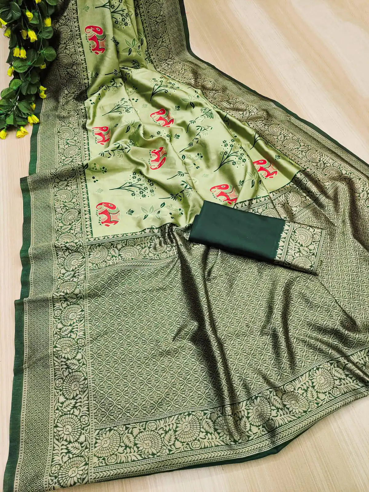 KP 6004 Green Soft Lichi Silk Jacquard Work With Designer Work Saree. Grab it for ₹1499. Delivery 4-6 Working Days. Shop now. | Designer Sarees, Embroidered Sarees, Sarees, Bollywood Sarees, Creative Sarees, Ethnic Saree, Modern Digital sarees, Party Wear Sarees