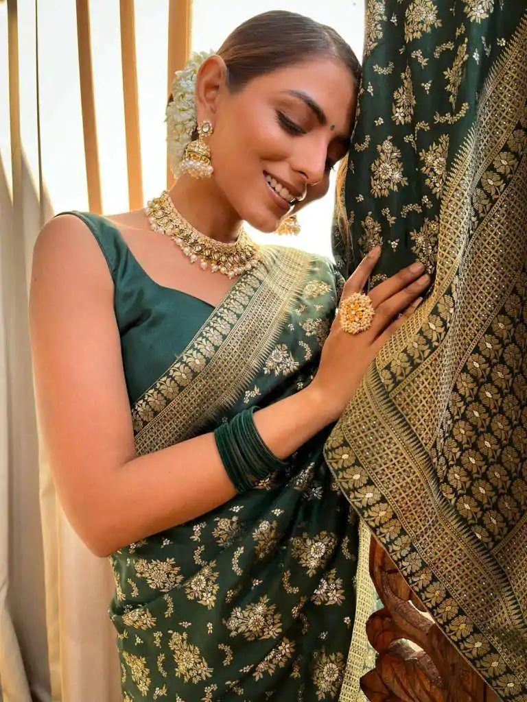 KP 5079 Green Color Soft Lichi Silk Jacquard On All Over Saree Casual, Party Wear, Wedding, Events Etc. Expected Delivery 4-6 Working Days @1449/- | Designer Sarees, Embroidered Sarees, Sarees, Bollywood Sarees, Creative Sarees, Ethnic Saree, Modern Digital sarees, Party Wear Sarees