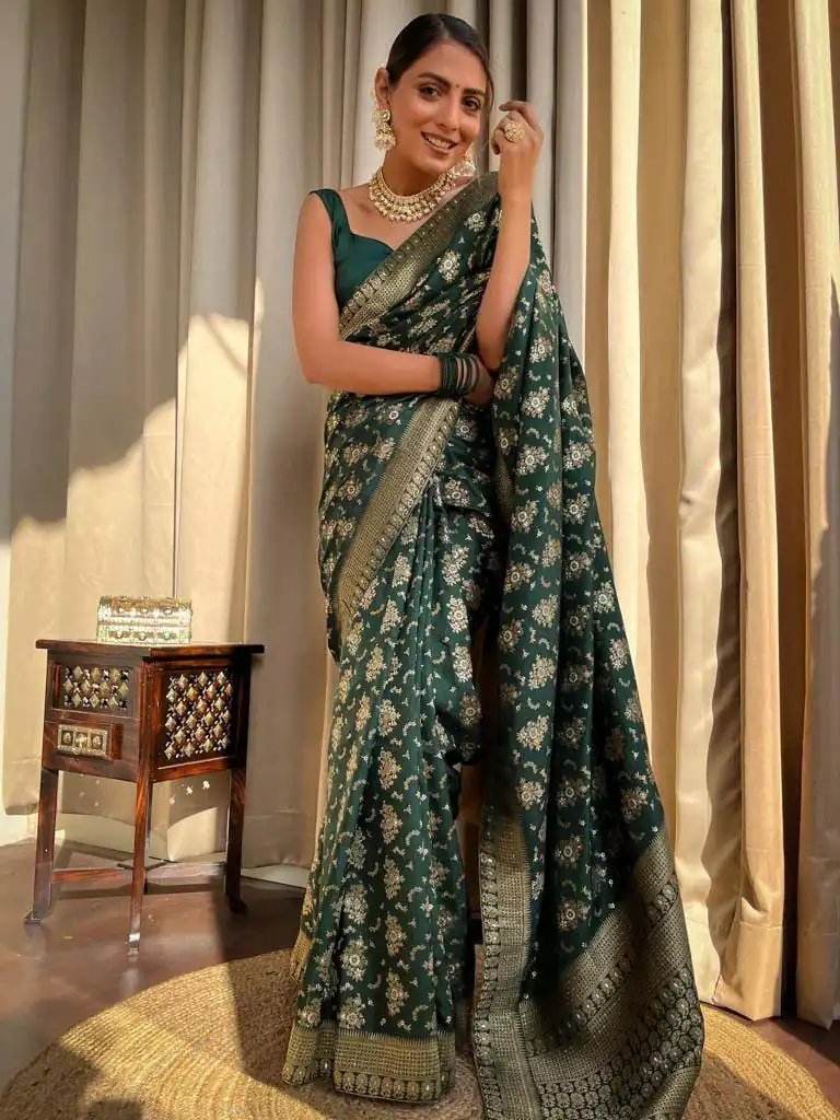 KP 5079 Green Color Soft Lichi Silk Jacquard On All Over Saree Casual, Party Wear, Wedding, Events Etc. Expected Delivery 4-6 Working Days @1449/- | Designer Sarees, Embroidered Sarees, Sarees, Bollywood Sarees, Creative Sarees, Ethnic Saree, Modern Digital sarees, Party Wear Sarees