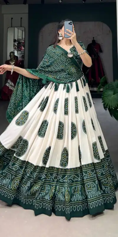 LNB 1229 Green Color Tasar Silk Bandhej Print Lehenga Choli Wedding, Party, Festive, Events Etc. Delivery 4-6 Working Days Rs 2249 | Lehenga, Bollywood Lehenga, Creative Lehenga, Designer Lehenga, Embroidered Lehenga, Party Wear Lehenga
