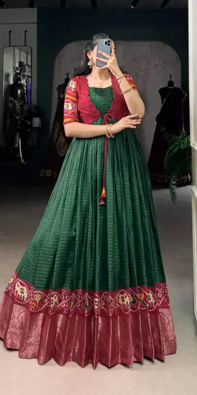 YNF 5028 Green Color Tasar Chex Patola With Weaving Work Border Gown Casual, Wedding, Festive, Events . Expected Delivery 4-6 Working Days @1799/- only | Gowns, Bollywood Gowns, Creative Gowns, Designer Gowns, Embroidered Gowns, Party Wear Gowns