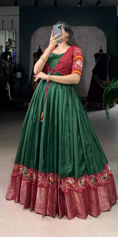 YNF 5028 Green Color Tasar Chex Patola With Weaving Work Border Gown Casual, Wedding, Festive, Events . Expected Delivery 4-6 Working Days @1799/- only | Gowns, Bollywood Gowns, Creative Gowns, Designer Gowns, Embroidered Gowns, Party Wear Gowns
