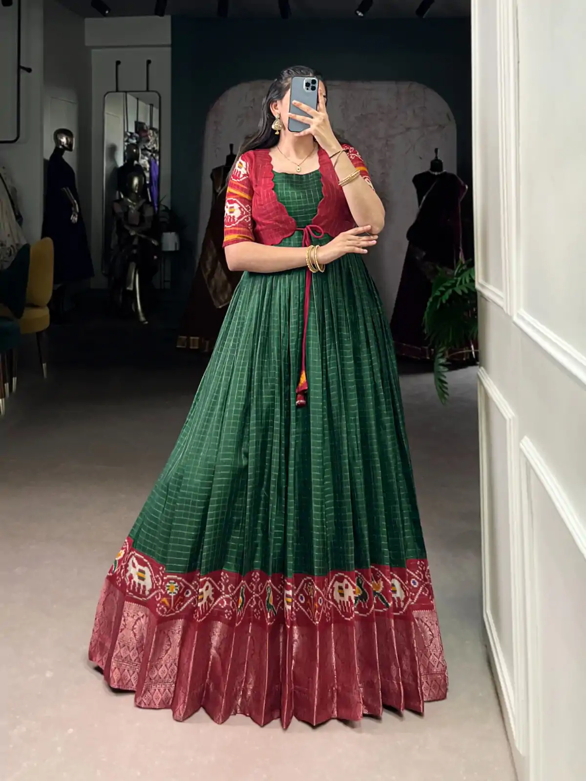 YNF 5028 Green Color Tasar Chex Patola With Weaving Work Border Gown Casual, Wedding, Festive, Events . Expected Delivery 4-6 Working Days @1799/- only | Gowns, Bollywood Gowns, Creative Gowns, Designer Gowns, Embroidered Gowns, Party Wear Gowns