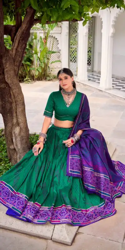 LNB 1250 Green Color Tasar Silk Bandhej Print With Gotta Patti Lace Lehenga Choli Festive Party Wedding, Events etc. Delivery 4-6 Working Days @2149/- | Lehenga, Bollywood Lehenga, Creative Lehenga, Designer Lehenga, Embroidered Lehenga, Party Wear Lehenga