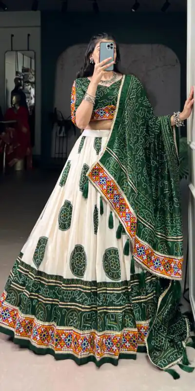 LNB 1736 Green Color Tasar Silk Bandhej Print And Gamthi Work Lehenga Choli Wedding, Party, Festive, Events Etc. Delivery 4-6 Working Days Rs 3499 | Lehenga, Bollywood Lehenga, Creative Lehenga, Designer Lehenga, Embroidered Lehenga, Party Wear Lehenga