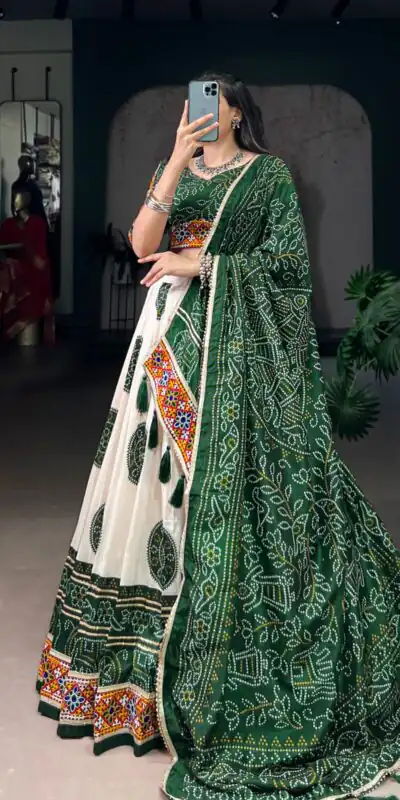 LNB 1736 Green Color Tasar Silk Bandhej Print And Gamthi Work Lehenga Choli Wedding, Party, Festive, Events Etc. Delivery 4-6 Working Days Rs 3499 | Lehenga, Bollywood Lehenga, Creative Lehenga, Designer Lehenga, Embroidered Lehenga, Party Wear Lehenga