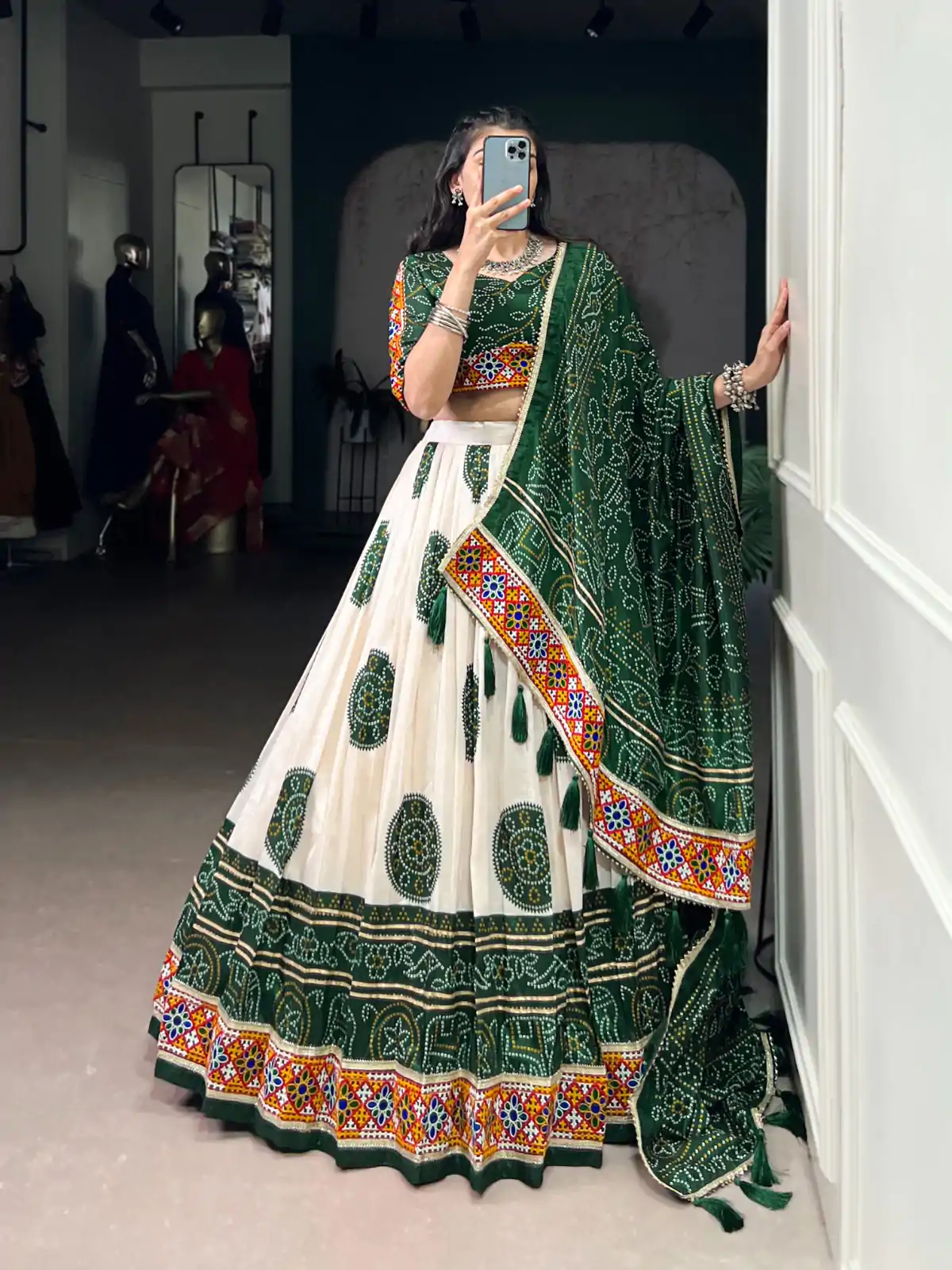 LNB 1736 Green Color Tasar Silk Bandhej Print And Gamthi Work Lehenga Choli Wedding, Party, Festive, Events Etc. Delivery 4-6 Working Days Rs 3499 | Lehenga, Bollywood Lehenga, Creative Lehenga, Designer Lehenga, Embroidered Lehenga, Party Wear Lehenga