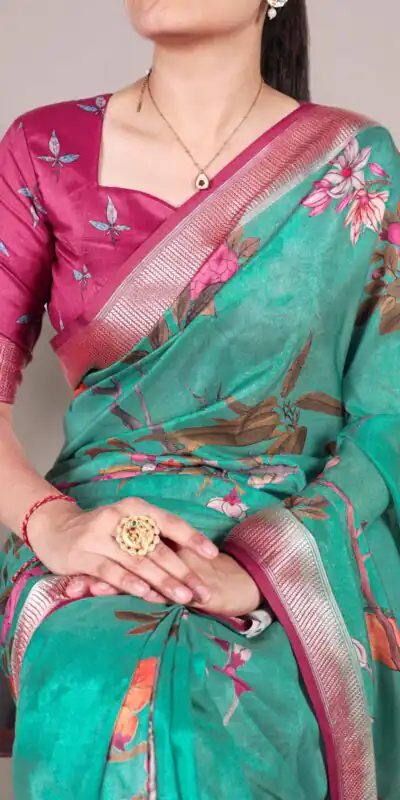 YNF 7024 Green Color Tussar Silk With Viscose Border Floral Printed Saree Casual, Wedding, Festive, Events . Expected Delivery  4-6 Working Days @1699/- only                                                                                | Designer Sarees, Embroidered Sarees, Sarees, Bollywood Sarees, Creative Sarees, Ethnic Saree, Modern Digital sarees, Party Wear Sarees