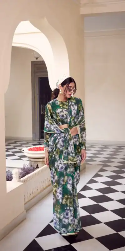 YNF 7042 Green Color Weightless Marbal Floral Printed Lace Border Saree Casual, Wedding, Festive, Events . Expected Delivery  4-6 Working Days @1549/- only                                                                                | Designer Sarees, Embroidered Sarees, Sarees, Bollywood Sarees, Creative Sarees, Ethnic Saree, Modern Digital sarees, Party Wear Sarees