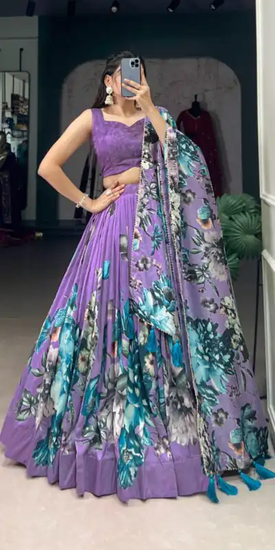 LNB 1225 Lavender Color Tasar Silk Floral Print With Lace Touch Up Lehenga Choli Wedding, Party, Festive, Events Etc. Delivery 4-6 Working Days Rs 2449 | Lehenga, Bollywood Lehenga, Creative Lehenga, Designer Lehenga, Embroidered Lehenga, Party Wear Lehenga
