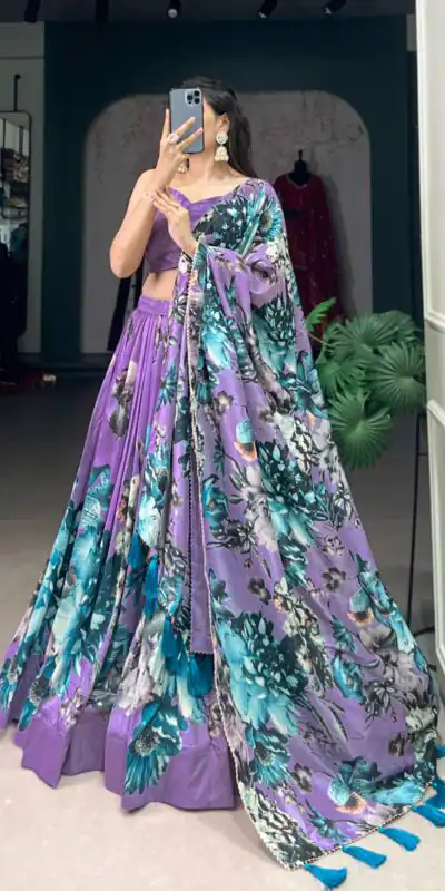 LNB 1225 Lavender Color Tasar Silk Floral Print With Lace Touch Up Lehenga Choli Wedding, Party, Festive, Events Etc. Delivery 4-6 Working Days Rs 2449 | Lehenga, Bollywood Lehenga, Creative Lehenga, Designer Lehenga, Embroidered Lehenga, Party Wear Lehenga