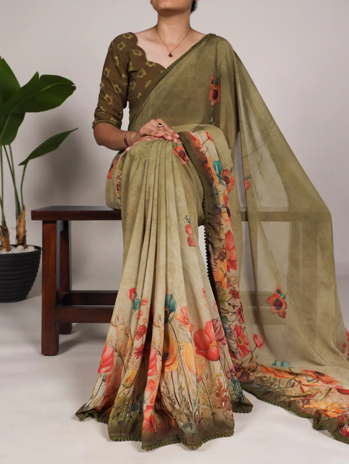 YNF 7009 Mahendi Color Georgette Floral Print With Lace Border Saree Casual, Wedding, Festive, Events . Expected Delivery  4-6 Working Days @1299/- only                                                                                | Designer Sarees, Embroidered Sarees, Sarees, Bollywood Sarees, Creative Sarees, Ethnic Saree, Modern Digital sarees, Party Wear Sarees