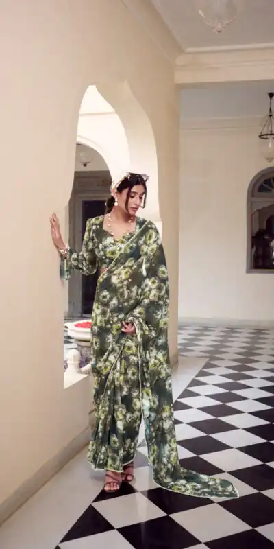 YNF 7042 Mehandi Color Weightless Marbal Floral Printed Lace Border Saree Casual, Wedding, Festive, Events . Expected Delivery  4-6 Working Days @1549/- only                                                                                | Designer Sarees, Embroidered Sarees, Sarees, Bollywood Sarees, Creative Sarees, Ethnic Saree, Modern Digital sarees, Party Wear Sarees