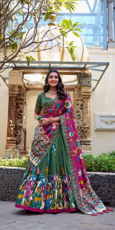 LNB 1236 Mehendi Color Tasar Silk Kalamkari Print With Foil Work Lehenga Choli Wedding, Party, Festive, Events Etc. Delivery 4-6 Working Days Rs 2449 | Lehenga, Bollywood Lehenga, Creative Lehenga, Designer Lehenga, Embroidered Lehenga, Party Wear Lehenga