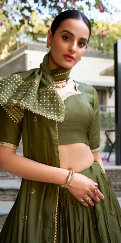 LNB 1906 Mehndi Color Pure Chanderi Plain With Zari Weaving Work Border Lehenga Choli Wedding, Party, Festive, Events Etc. Delivery 4-6 Working Days Rs 1999 | Lehenga, Bollywood Lehenga, Creative Lehenga, Designer Lehenga, Embroidered Lehenga, Party Wear Lehenga