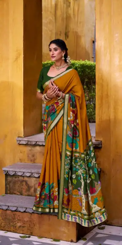 YNF 7048 Mustard Color Polyester Chanderi Kalamkari Weaving Work Saree Casual, Wedding, Festive, Events . Expected Delivery  4-6 Working Days @1499/- only                                | Designer Sarees, Embroidered Sarees, Sarees, Bollywood Sarees, Creative Sarees, Ethnic Saree, Modern Digital sarees, Party Wear Sarees