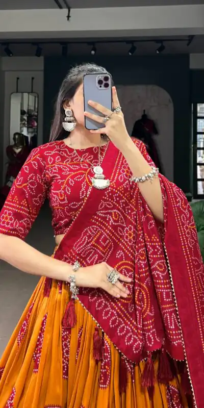 LNB 1229 Mustard Color Tasar Silk Bandhej Print Lehenga Choli Wedding, Party, Festive, Events Etc. Delivery 4-6 Working Days Rs 2249 | Lehenga, Bollywood Lehenga, Creative Lehenga, Designer Lehenga, Embroidered Lehenga, Party Wear Lehenga