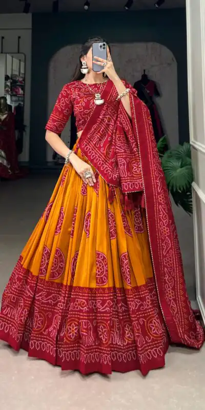 LNB 1229 Mustard Color Tasar Silk Bandhej Print Lehenga Choli Wedding, Party, Festive, Events Etc. Delivery 4-6 Working Days Rs 2249 | Lehenga, Bollywood Lehenga, Creative Lehenga, Designer Lehenga, Embroidered Lehenga, Party Wear Lehenga