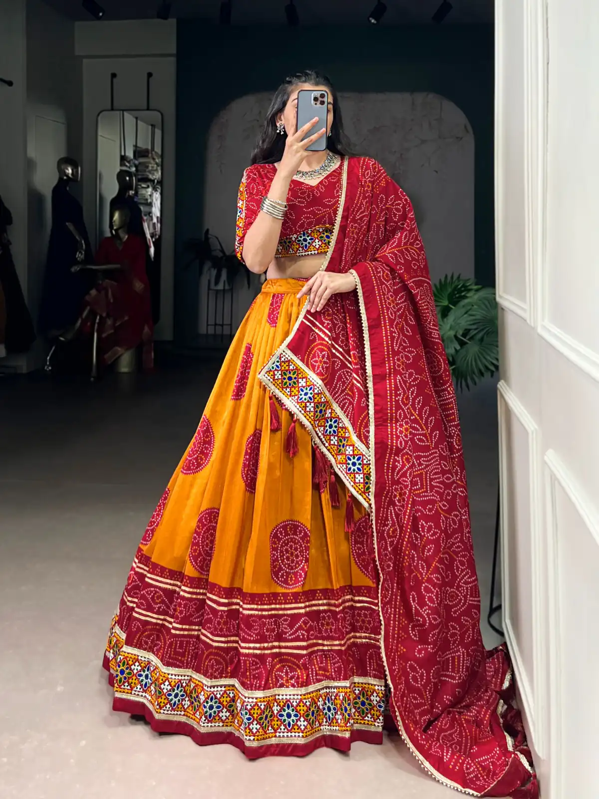 LNB 1736 Mustard Color Tasar Silk Bandhej Print And Gamthi Work Lehenga Choli Wedding, Party, Festive, Events Etc. Delivery 4-6 Working Days Rs 3499 | Lehenga, Bollywood Lehenga, Creative Lehenga, Designer Lehenga, Embroidered Lehenga, Party Wear Lehenga