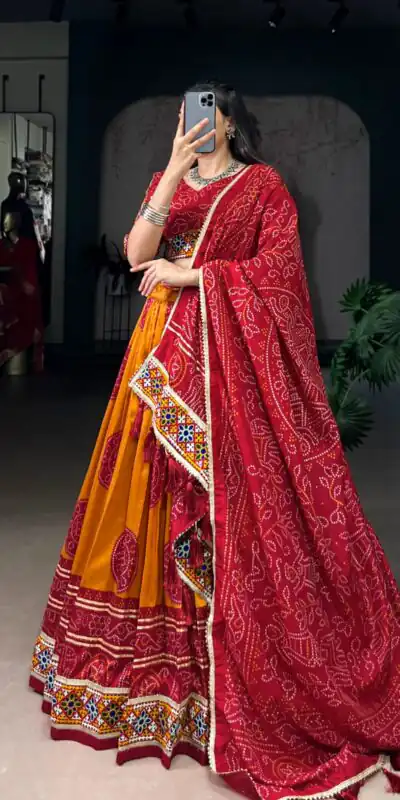 LNB 1736 Mustard Color Tasar Silk Bandhej Print And Gamthi Work Lehenga Choli Wedding, Party, Festive, Events Etc. Delivery 4-6 Working Days Rs 3499 | Lehenga, Bollywood Lehenga, Creative Lehenga, Designer Lehenga, Embroidered Lehenga, Party Wear Lehenga