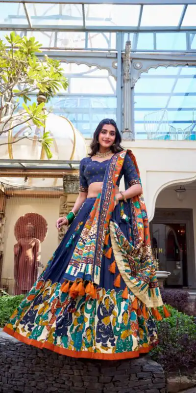 LNB 1236 Navy Blue Color Tasar Silk Kalamkari Print With Foil Work Lehenga Choli Wedding, Party, Festive, Events Etc. Delivery 4-6 Working Days Rs 2449 | Lehenga, Bollywood Lehenga, Creative Lehenga, Designer Lehenga, Embroidered Lehenga, Party Wear Lehenga