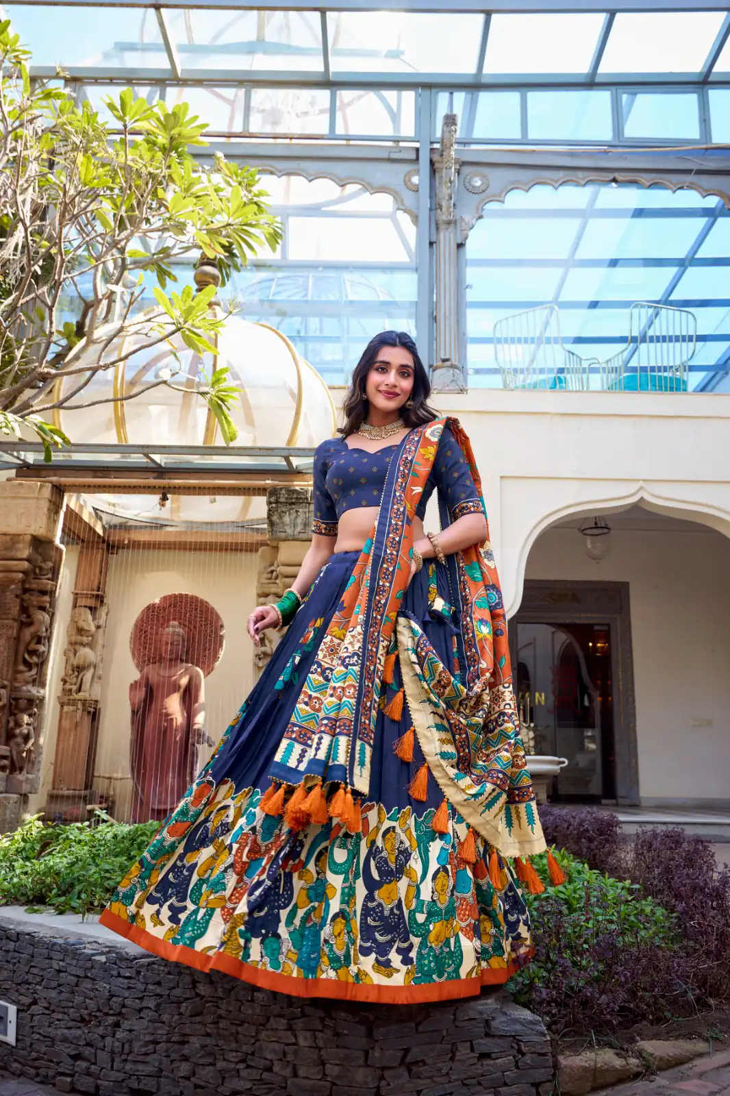 LNB 1236 Navy Blue Color Tasar Silk Kalamkari Print With Foil Work Lehenga Choli Wedding, Party, Festive, Events Etc. Delivery 4-6 Working Days Rs 2449 | Lehenga, Bollywood Lehenga, Creative Lehenga, Designer Lehenga, Embroidered Lehenga, Party Wear Lehenga