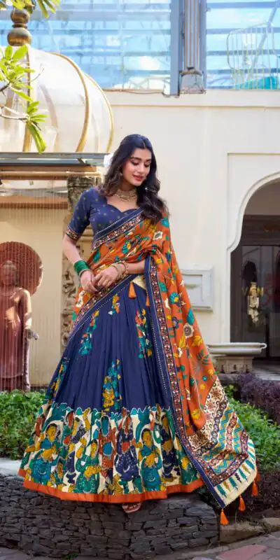 LNB 1236 Navy Blue Color Tasar Silk Kalamkari Print With Foil Work Lehenga Choli Wedding, Party, Festive, Events Etc. Delivery 4-6 Working Days Rs 2449 | Lehenga, Bollywood Lehenga, Creative Lehenga, Designer Lehenga, Embroidered Lehenga, Party Wear Lehenga