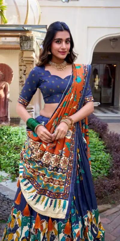 LNB 1236 Navy Blue Color Tasar Silk Kalamkari Print With Foil Work Lehenga Choli Wedding, Party, Festive, Events Etc. Delivery 4-6 Working Days Rs 2449 | Lehenga, Bollywood Lehenga, Creative Lehenga, Designer Lehenga, Embroidered Lehenga, Party Wear Lehenga