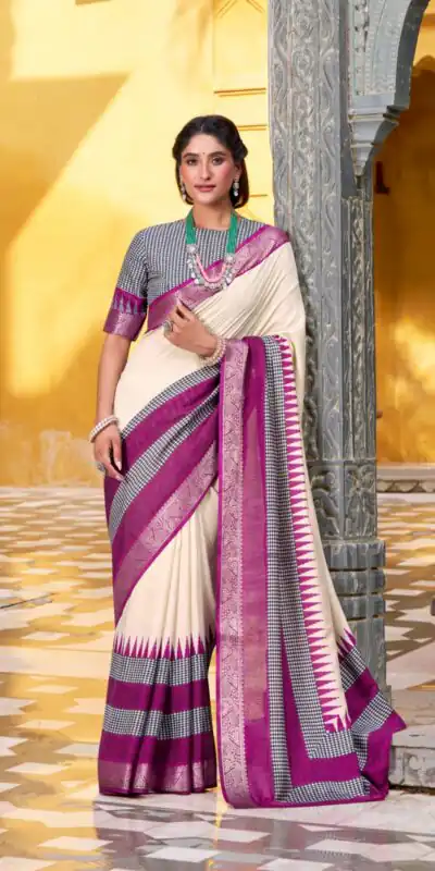 YNF 7049 Off White Color Poly Cotton Printed With Zari Weaving Work Saree Casual, Wedding, Festive, Events . Expected Delivery  4-6 Working Days @1699/- only                                                                                | Designer Sarees, Embroidered Sarees, Sarees, Bollywood Sarees, Creative Sarees, Ethnic Saree, Modern Digital sarees, Party Wear Sarees