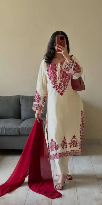 BE 386 Off White Color Roman Silk Embroidery Work Salwar Suit Casual, Wedding, Festive, Events . Expected Delivery  4-6 Working Days @1899/- only      | Casual Suits, Jump Suits, Salwar suit, Creative suits, Designer Suits, Palazzo Suits, Party Wear Suits, Patiala Suits, Straight Suits