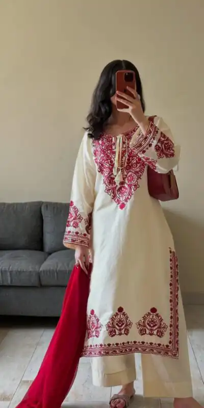 BE 386 Off White Color Roman Silk Embroidery Work Salwar Suit Casual, Wedding, Festive, Events . Expected Delivery  4-6 Working Days @1899/- only      | Casual Suits, Jump Suits, Salwar suit, Creative suits, Designer Suits, Palazzo Suits, Party Wear Suits, Patiala Suits, Straight Suits