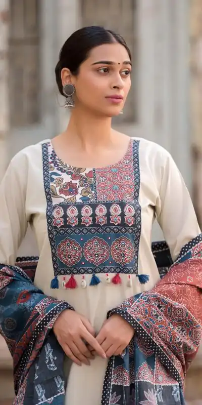 LG 1992 Off White Color Roman Silk Printed Patch Work  Salwar Suit Casual, Wedding, Festive, Events . Expected Delivery  4-6 Working Days @1899/- only      | Casual Suits, Jump Suits, Salwar suit, Creative suits, Designer Suits, Palazzo Suits, Party Wear Suits, Patiala Suits, Straight Suits