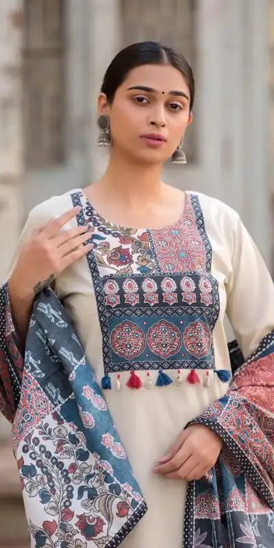 LG 1992 Off White Color Roman Silk Printed Patch Work  Salwar Suit Casual, Wedding, Festive, Events . Expected Delivery  4-6 Working Days @1899/- only      | Casual Suits, Jump Suits, Salwar suit, Creative suits, Designer Suits, Palazzo Suits, Party Wear Suits, Patiala Suits, Straight Suits