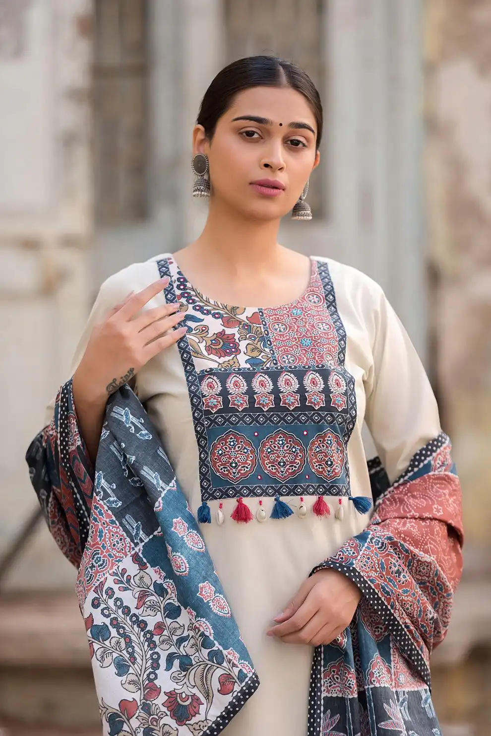 LG 1992 Off White Color Roman Silk Printed Patch Work  Salwar Suit Casual, Wedding, Festive, Events . Expected Delivery  4-6 Working Days @1899/- only      | Casual Suits, Jump Suits, Salwar suit, Creative suits, Designer Suits, Palazzo Suits, Party Wear Suits, Patiala Suits, Straight Suits