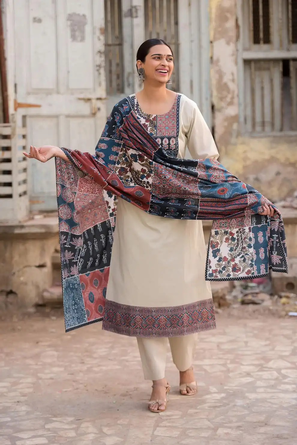 LG 1992 Off White Color Roman Silk Printed Patch Work  Salwar Suit Casual, Wedding, Festive, Events . Expected Delivery  4-6 Working Days @1899/- only      | Casual Suits, Jump Suits, Salwar suit, Creative suits, Designer Suits, Palazzo Suits, Party Wear Suits, Patiala Suits, Straight Suits