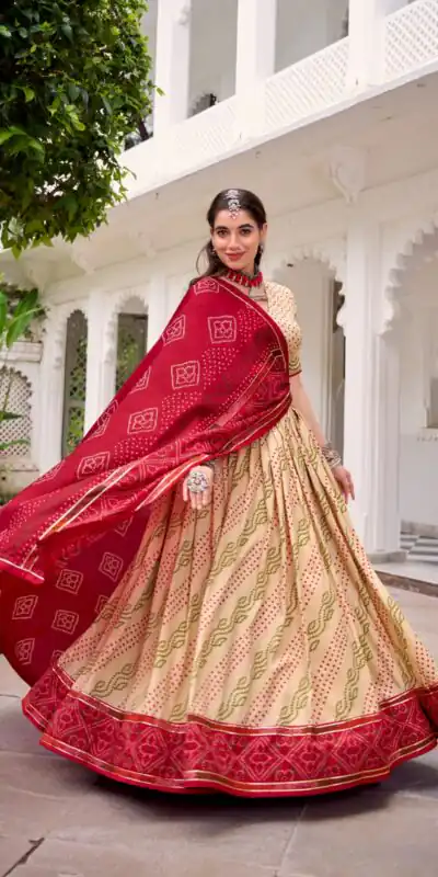LNB 1250 Off White Color Tasar Silk Bandhej Print With Gotta Patti Lace Lehenga Choli Festive Party Wedding, Events etc. Delivery 4-6 Working Days @2149/- | Lehenga, Bollywood Lehenga, Creative Lehenga, Designer Lehenga, Embroidered Lehenga, Party Wear Lehenga