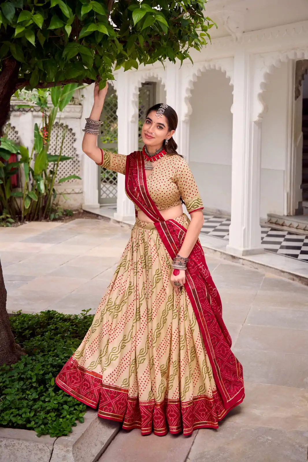 LNB 1250 Off White Color Tasar Silk Bandhej Print With Gotta Patti Lace Lehenga Choli Festive Party Wedding, Events etc. Delivery 4-6 Working Days @2149/- | Lehenga, Bollywood Lehenga, Creative Lehenga, Designer Lehenga, Embroidered Lehenga, Party Wear Lehenga